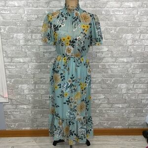 STELLA & JULIE Smocked High Neck Tierred Blue Floral Dress